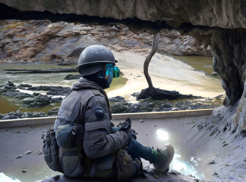 Person in tactical gear with helmet and face shield overlooking river from cave ledge