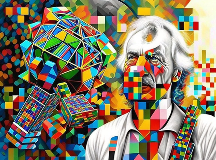 Abstract geometric portrait of a white-haired man with crystal object on vibrant background