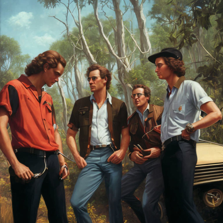 Vintage Attired Men by Old Car in Wooded Area, 1970s Vibe