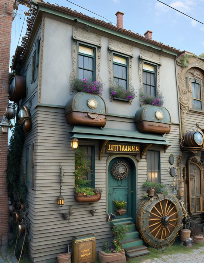 Whimsical steampunk two-story building with circular door and ornate metal work