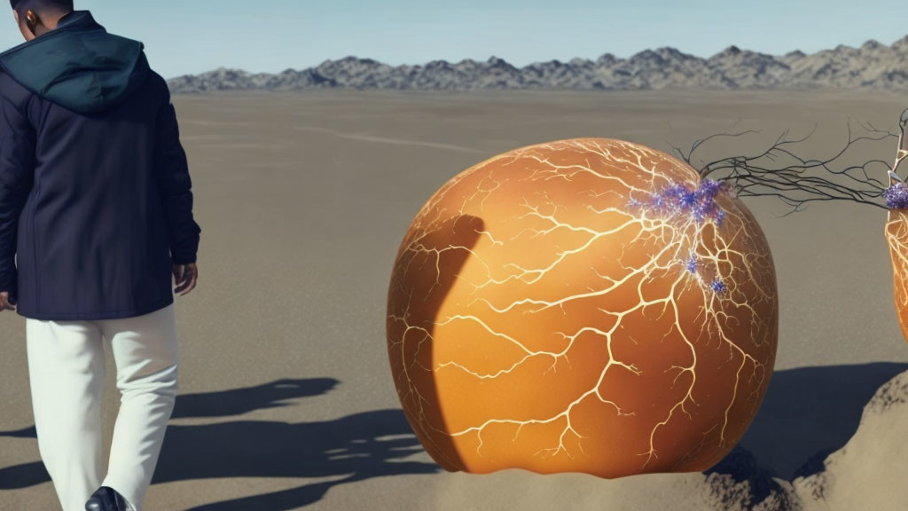 Hooded figure approaches cracked orange sphere in desert landscape