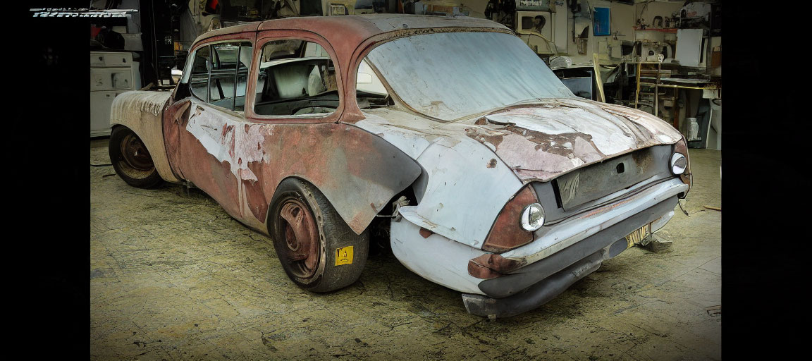 Weathered vintage car with peeling paint and rust spots in workshop