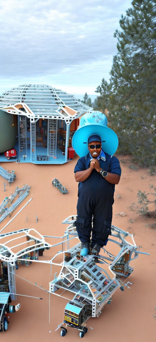 Man with trumpet on sandy terrain near sci-fi structures and blue sphere.