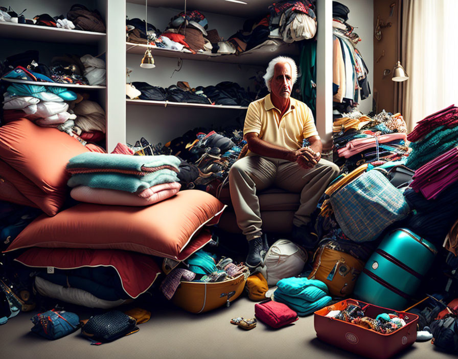 Cluttered room with man surrounded by clothes and suitcases