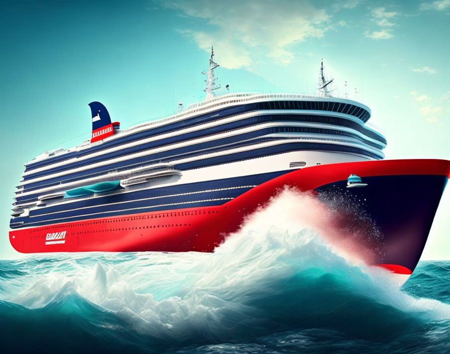 Red-hulled cruise ship on vibrant blue ocean