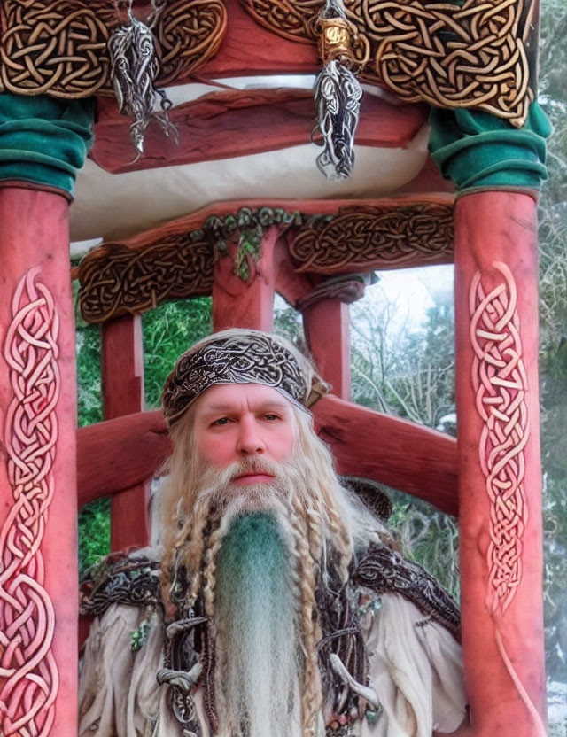 Bearded man in Viking attire by Celtic archway