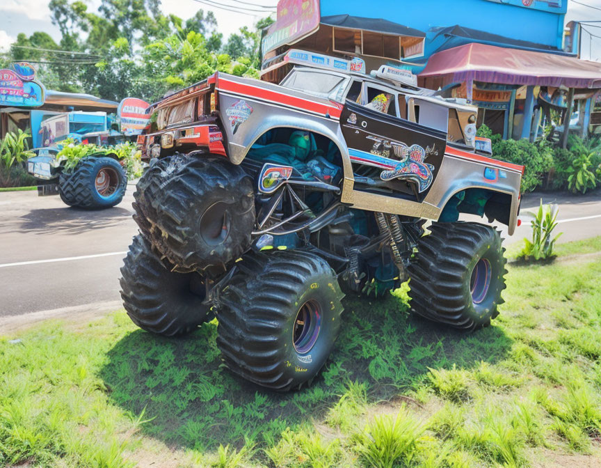 Colorful Monster Truck with Large Tires and Custom Paint Parked on Road