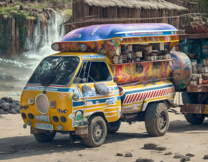 Colorful Decorated Tuk-Tuk on Dusty Road with Waterfall Background