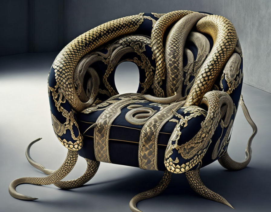 Luxurious Armchair with Golden and Brown Snakes on Dark Background