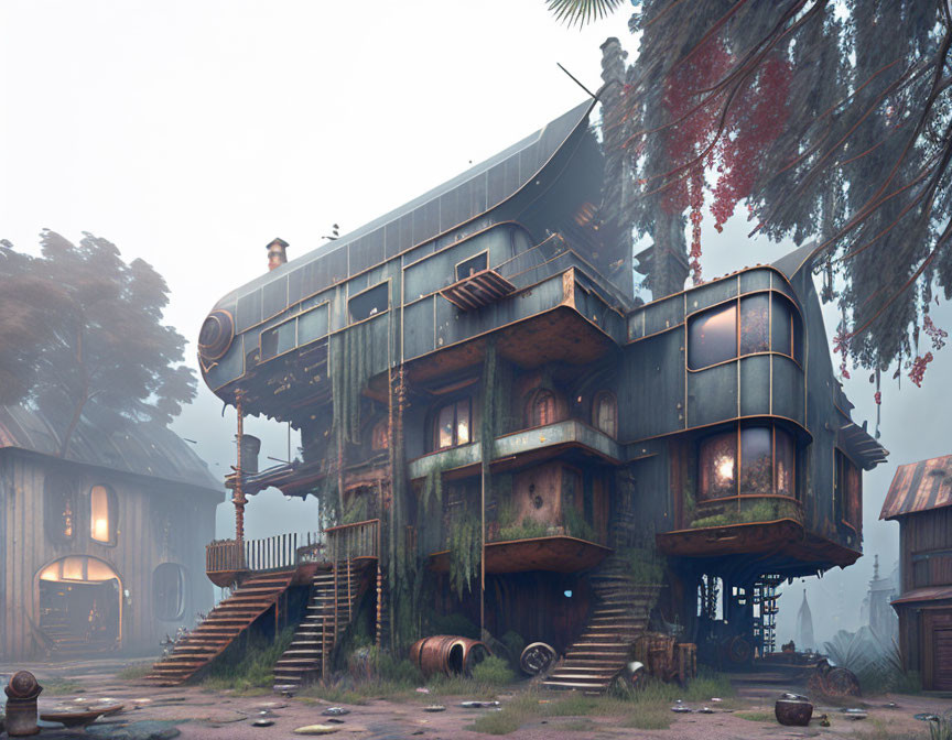 Curved, Multi-Level Rustic House in Misty Forest Landscape