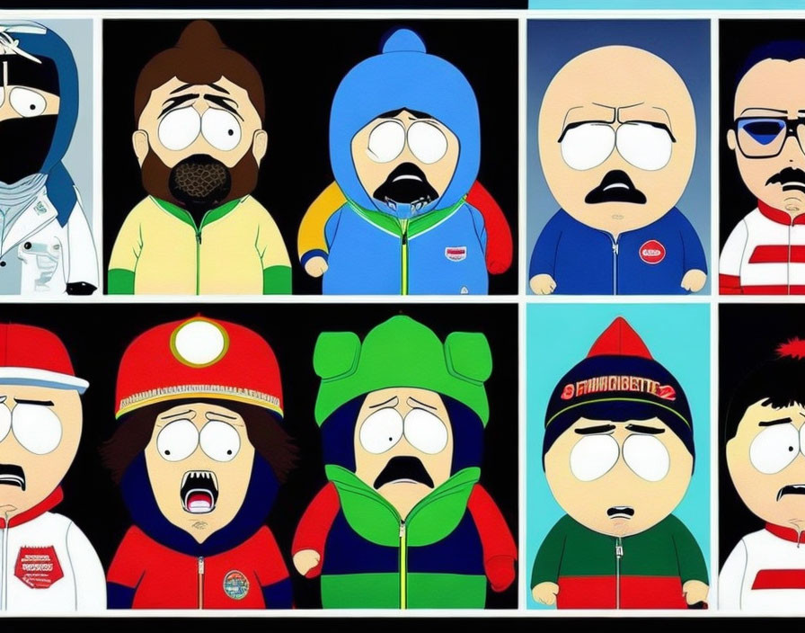 Nine South Park characters display various emotions and outfits, such as firefighter and astronaut costumes.