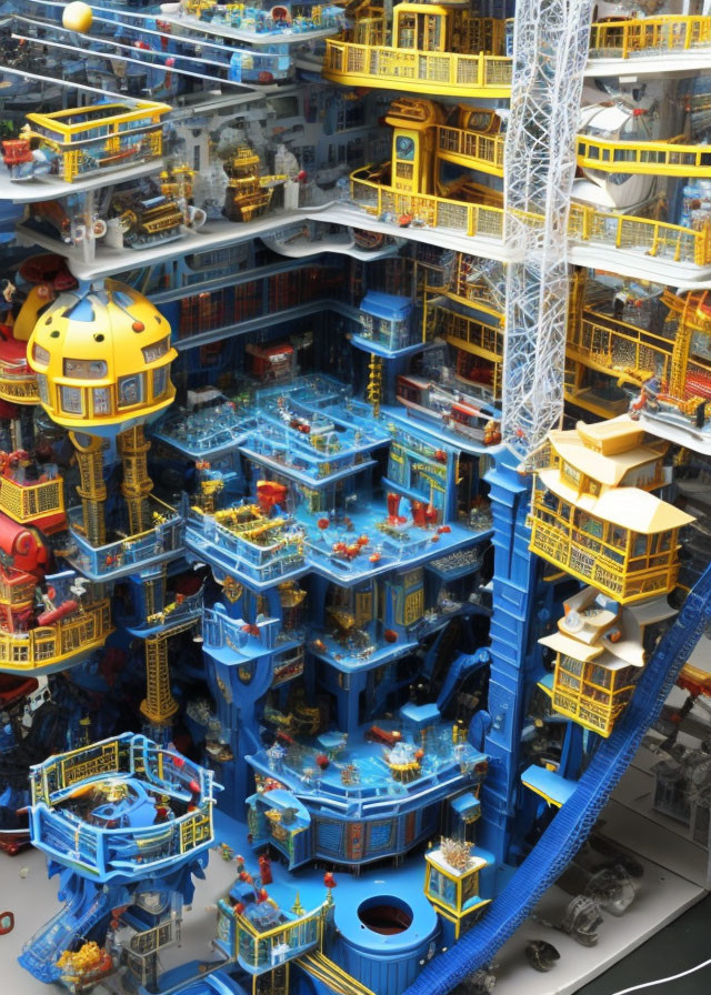 Intricate futuristic Lego city with blue and yellow color scheme