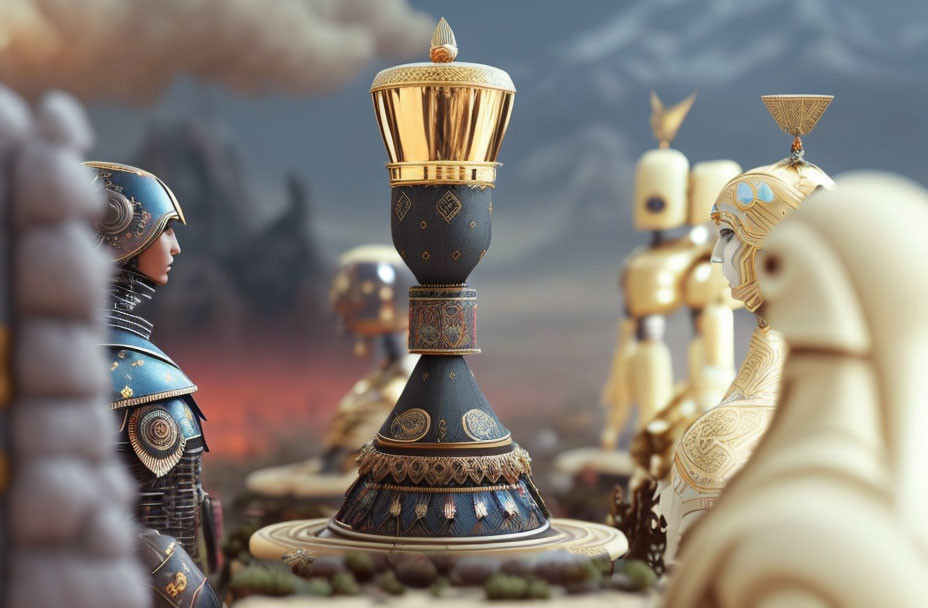 Stylized animated chessboard with armored knight and royalty pieces on smoky battlefield