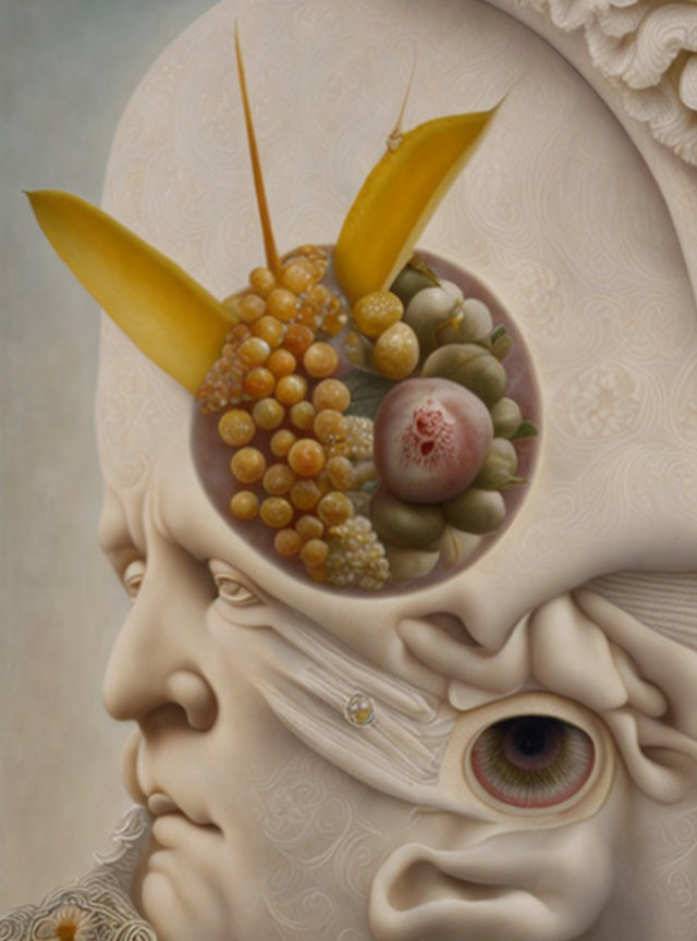 Human profile with surreal fruit arrangement and ornate patterns