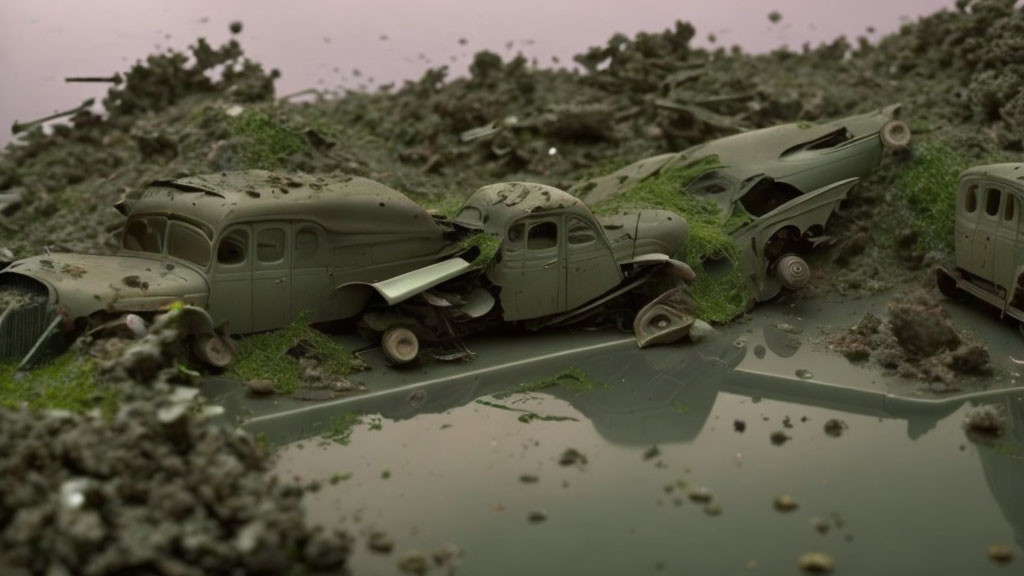 Vintage Cars Diorama: Submerged in Muddy Terrain