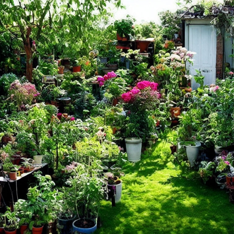 Colorful Potted Plants in Lush Garden Setting