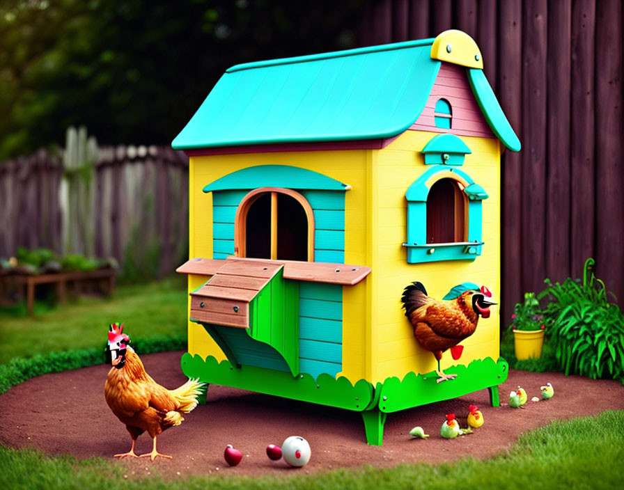 Colorful Toy Chicken Coop in Garden Setting