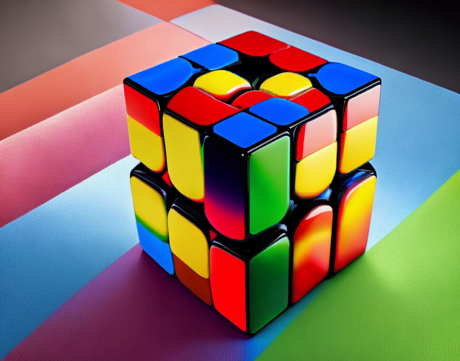 Colorful Rubik's Cube with scrambled pattern on glossy surface.