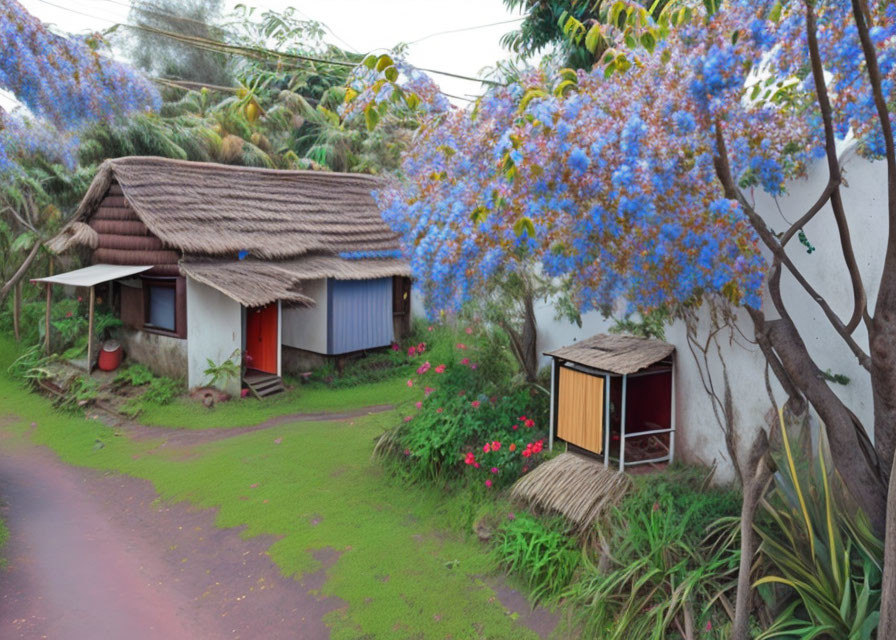 Thatched Roof House Surrounded by Greenery and Blue Flowers