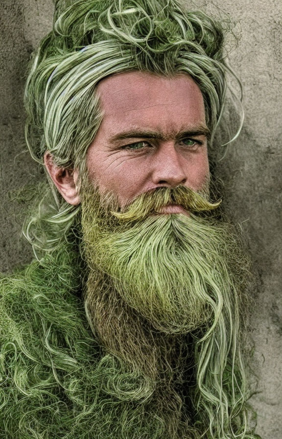 Pensive man with long green hair and beard on gray background