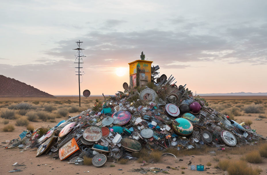 Sunset desert scene with discarded items pile, power line, and mountains