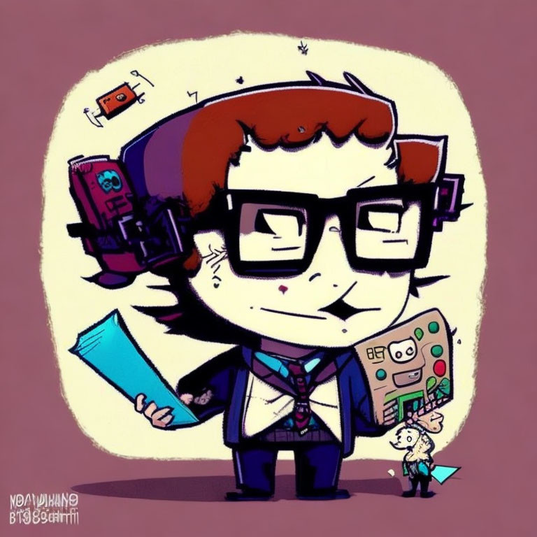 Red-haired character with glasses holding book in video game-themed cartoon on purple background