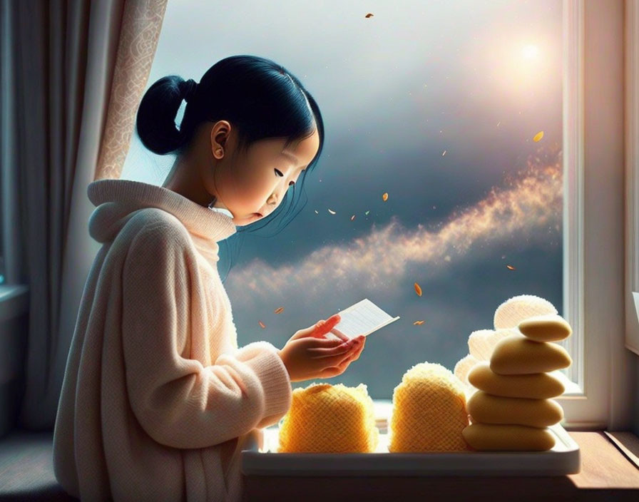 Girl in white sweater by sunset window with note, embers, and pastries.