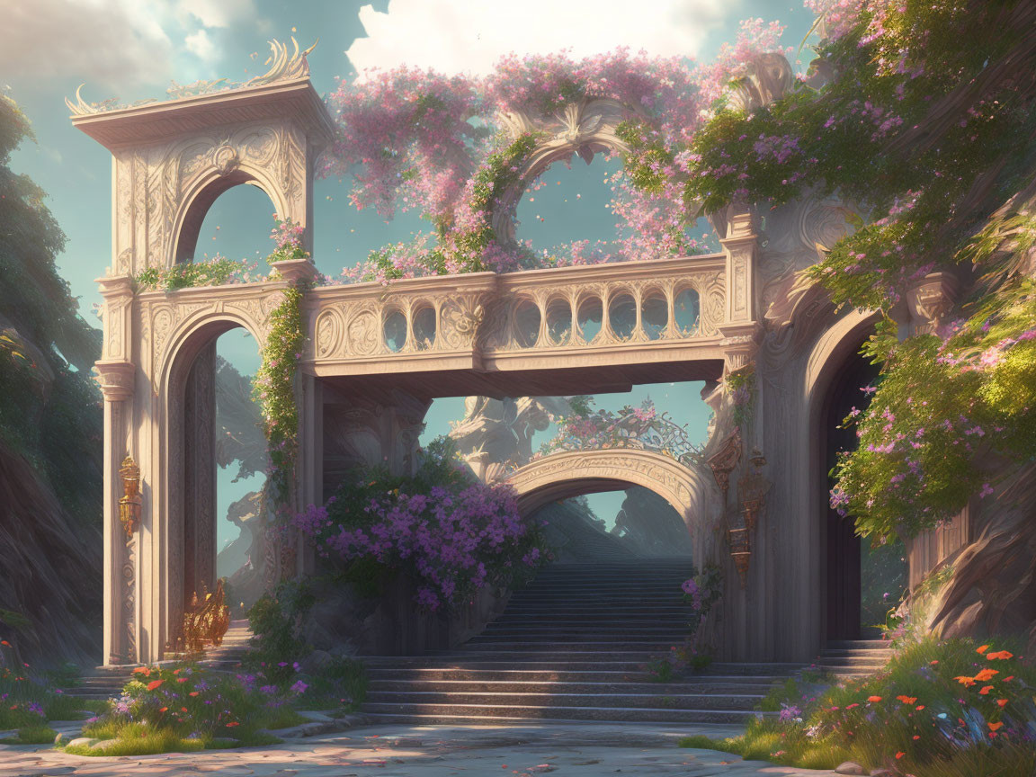 Serene fantasy garden with ornate archways and flowering trees