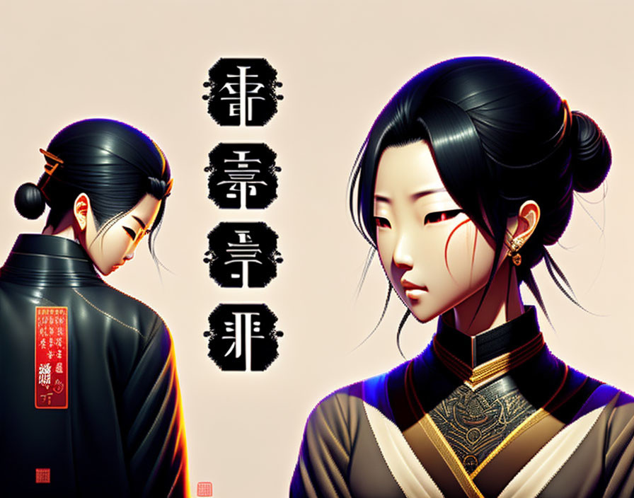 Stylized digital characters in East Asian attire and hairstyles with calligraphy.