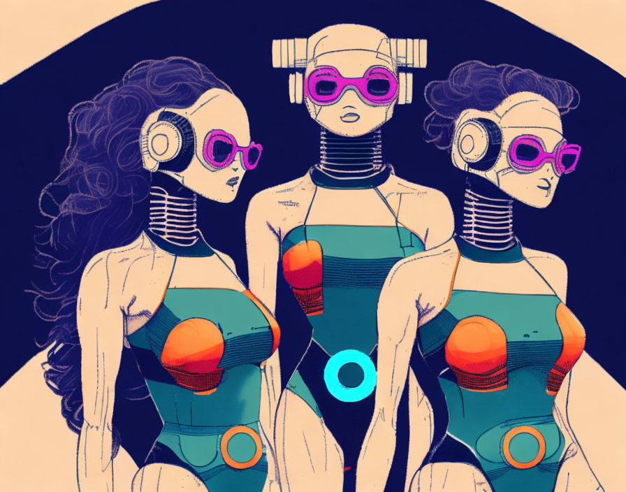 Stylized female figures in futuristic attire against dark background