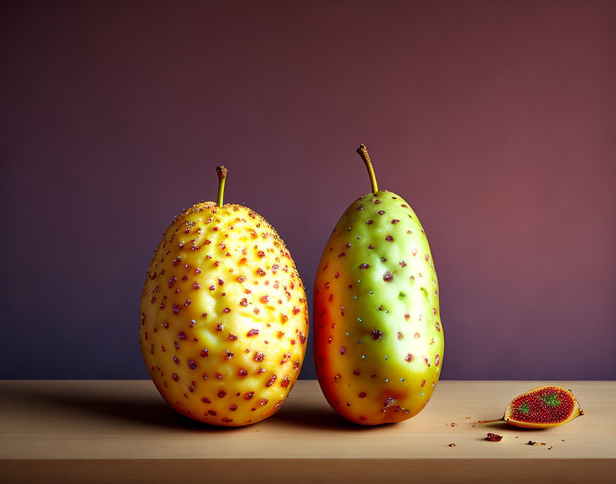 Colorful pear-shaped fruit figures on wooden surface against purple backdrop