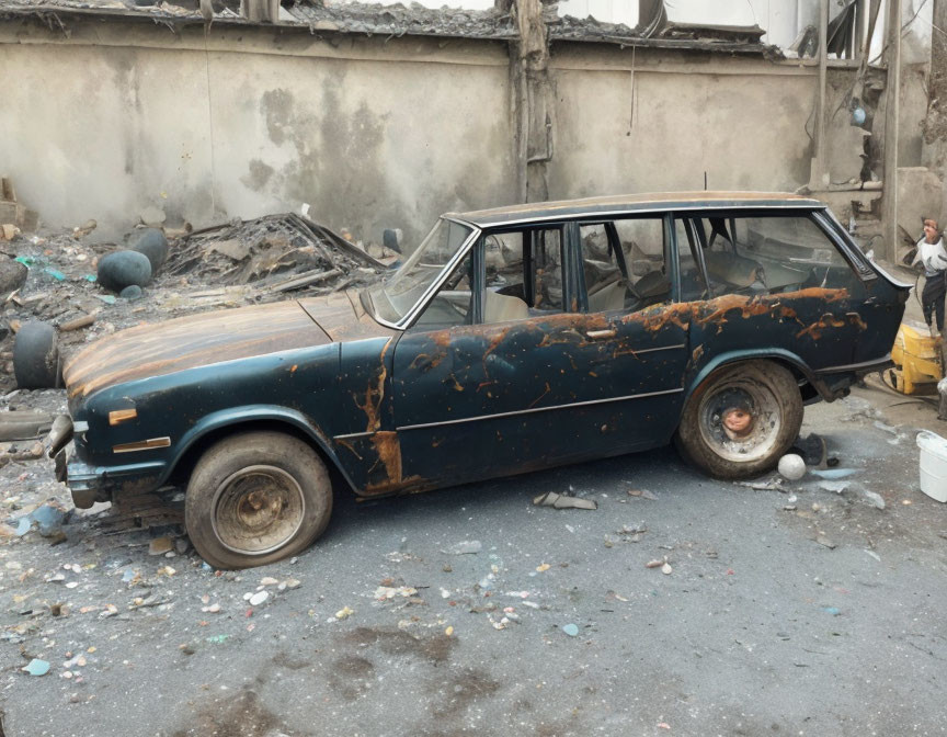 Rusted abandoned station wagon in urban decay