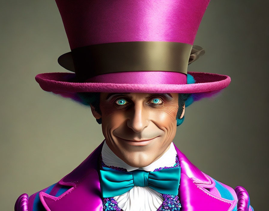 Colorful character with purple top hat and mischievous grin