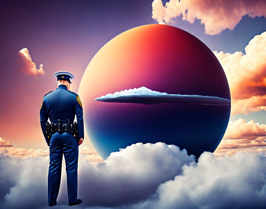 Police officer in surreal landscape with giant floating sphere at sunset