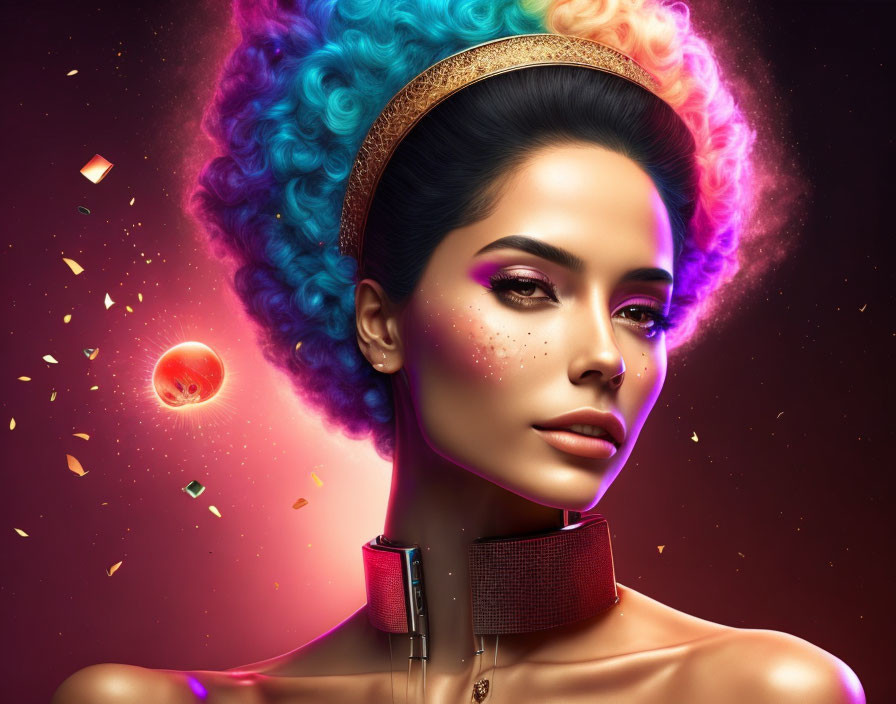 Vibrant blue and pink hair woman portrait in cosmic setting