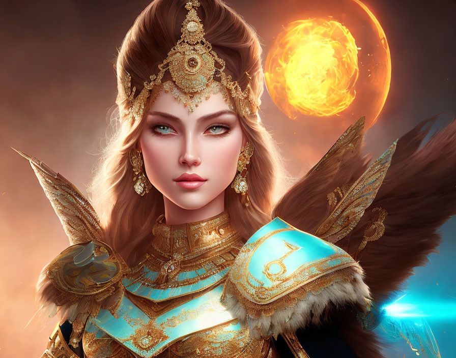 Fantasy female warrior in gold armor against fiery celestial background