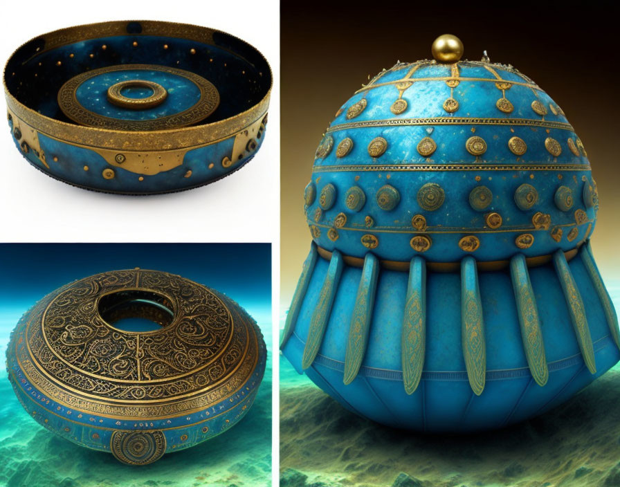 Ornate spherical object with layered compartments and gold patterns on blue background