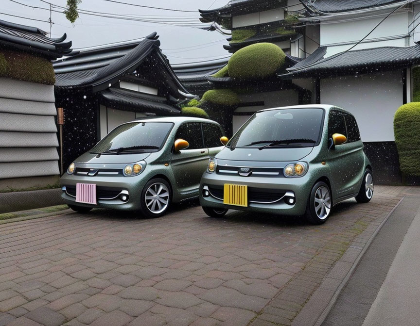 Customized cars with cartoonish faces in front of Japanese houses during snowfall