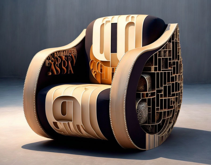 Unique Golden-Brown Artistic Chair with Flowing Shapes and Typographic Elements