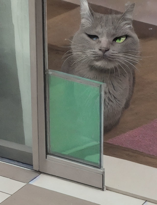 Gray Cat with Green Eyes Peeking Through Small Pet Door