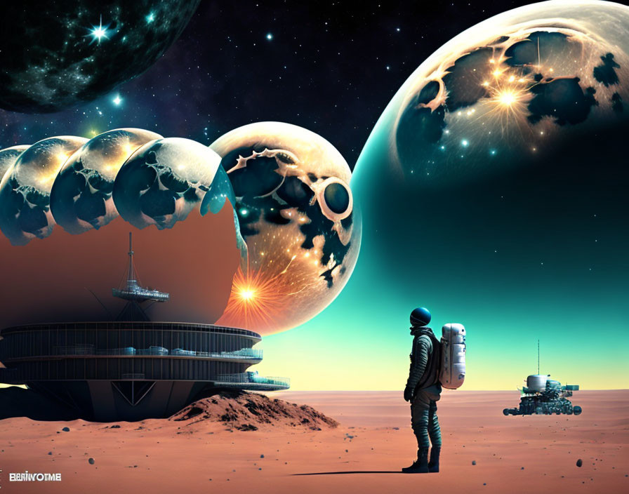 Astronaut on alien planet gazes at futuristic base under starry sky