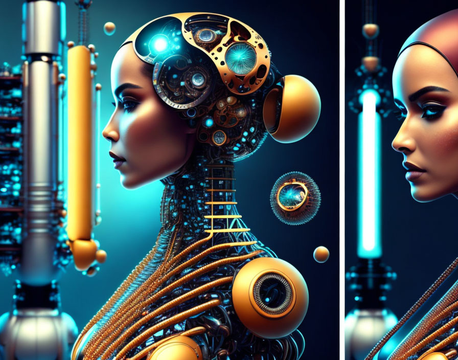 Detailed Mechanical Female Android Head and Neck on Dark Blue Background