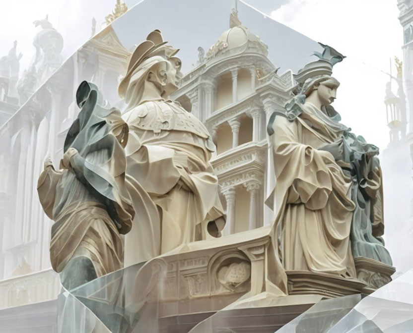 Classical statues by elegant building with crystal-like overlay.