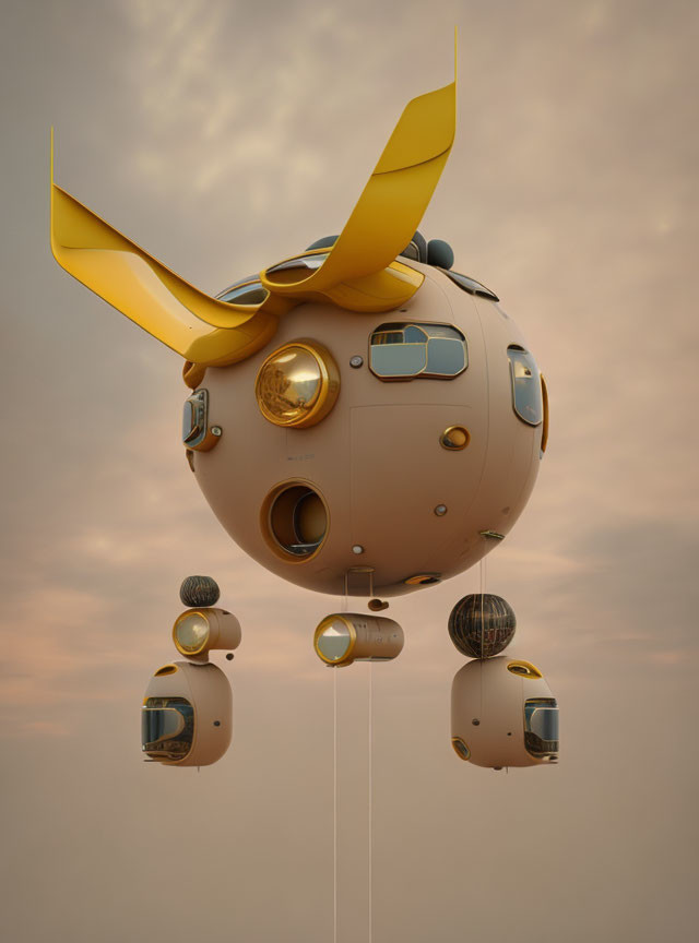 Golden propeller airship drifting in cloudy sunset sky