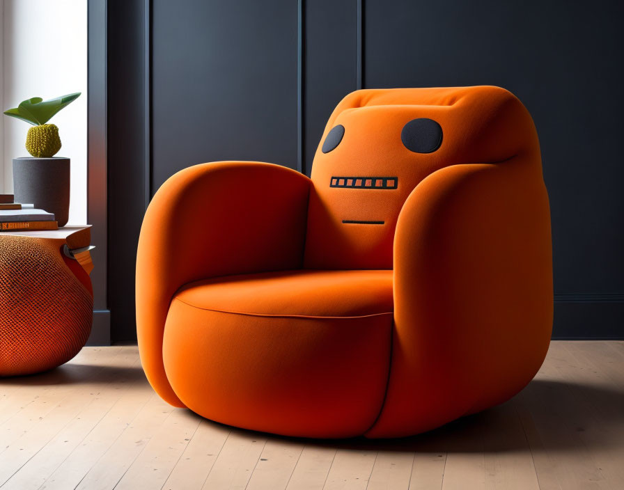 Unique Cartoonish Face Design Orange Armchair in Modern Interior