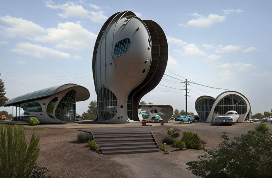 Modern desert building with organic design and large windows among parked cars.