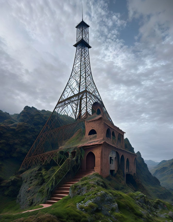 Metal Eiffel Tower-like structure on hilly terrain under cloudy sky