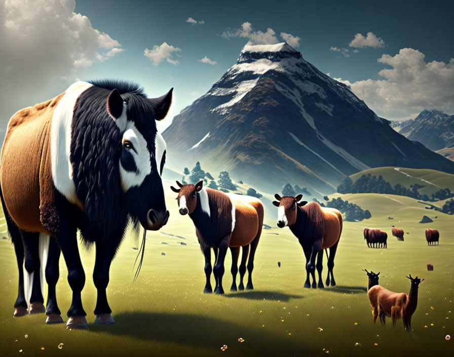 Stylized cartoon animals on grassy plain with yak and sheep.