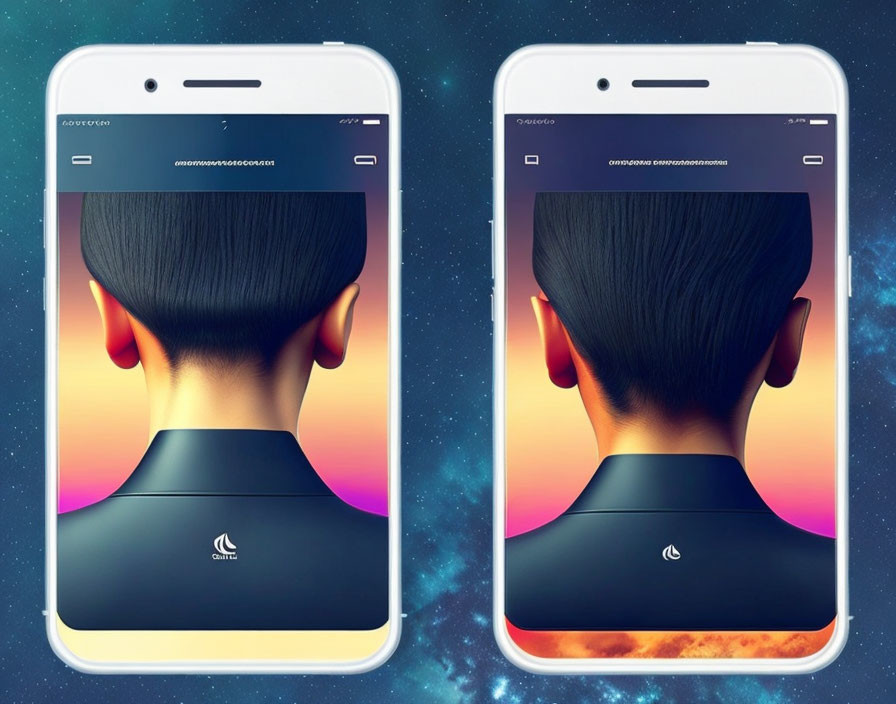 Dual smartphones featuring stylized back of head art with cosmic backdrop