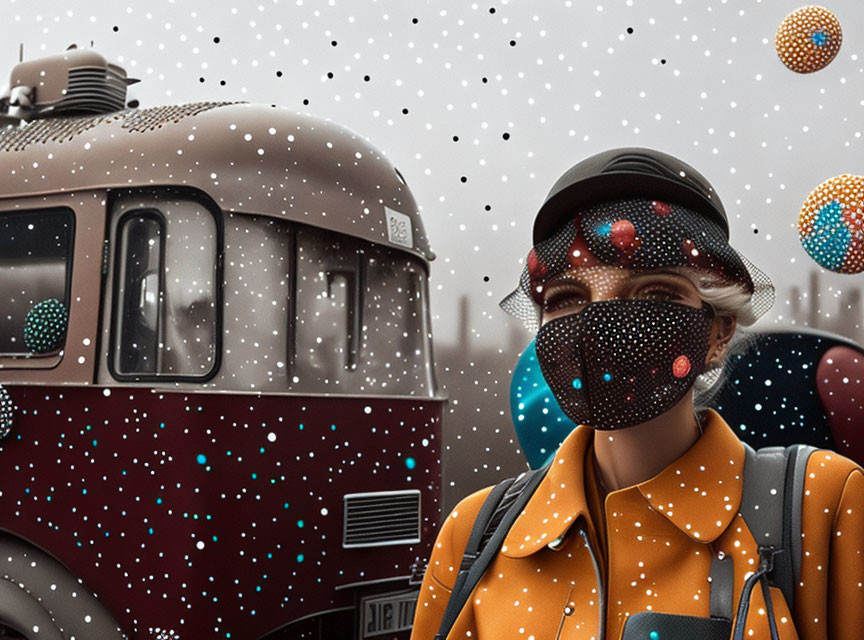 Person in Decorative Mask by Vintage Tram under Surreal Sky